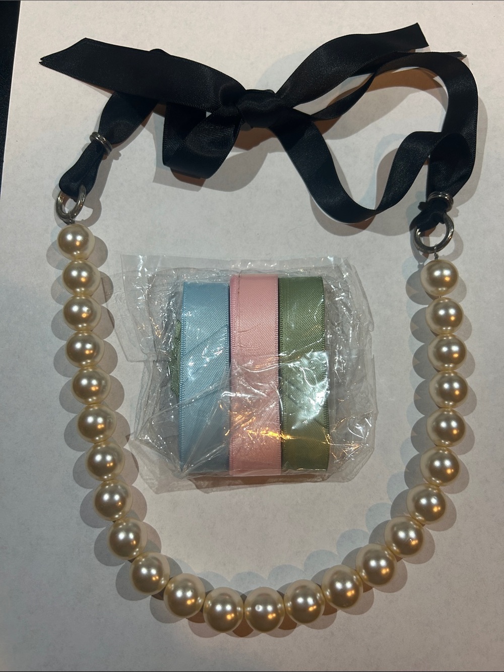 Pearl Beaded Ribbon Tie Necklace - Black Ribbon